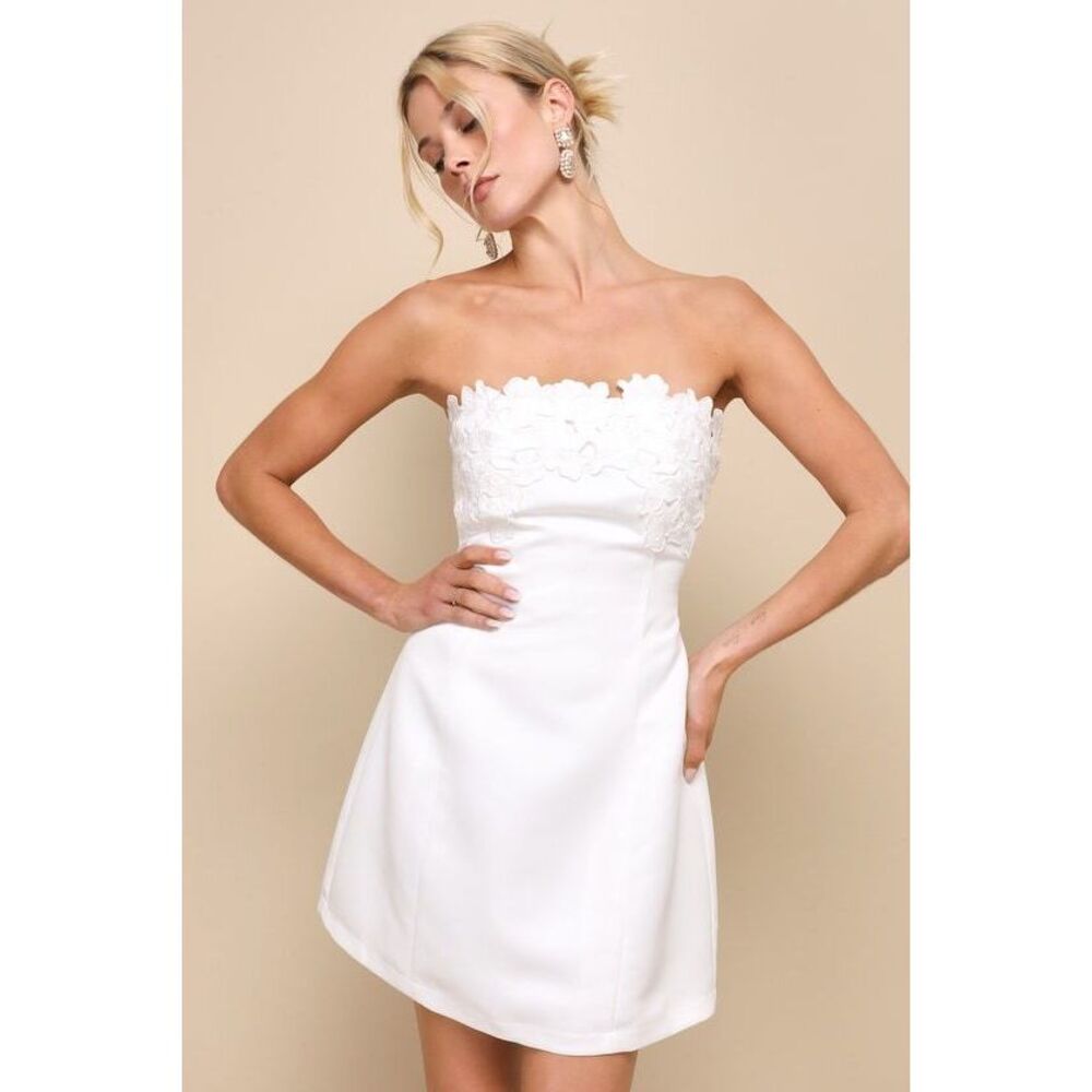 Lulus Unforgettable Icon White Satin Strapless Floral Mini Dress - Size XL